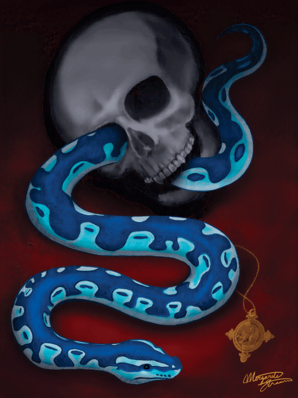 A bright colorful snake slithers through a skull that sits crooked on red velvet. The illustration is inspired by Gabriel Knight: Sins of the Fathers, depicting a moody, atmospheric painting with dark tones, gothic elements, and classic adventure game aesthetics. Digital art print designed for 18x24 inch full-bleed printing.